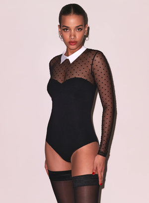 Fleur Du Mal Collared Bodysuit with Dotted Tulle