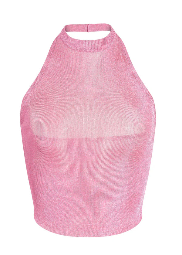 Seroya Minnie Metallic Knit Halter | Bubble Gum Pink