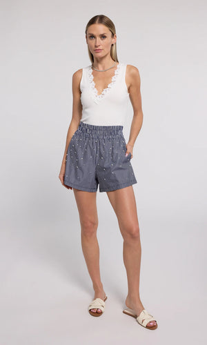 Generation Love Betty Pearl Embellished pinstripe Shorts