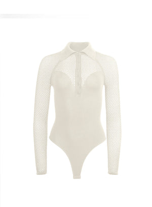 Fleur Du Mal Knit Mesh Collared Bodysuit | Ecru