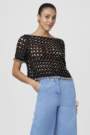 Toccin The Coco Boat Neck Crochet Top| Black