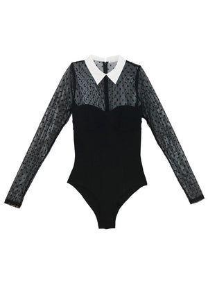 Fleur Du Mal Collared Bodysuit with Dotted Tulle