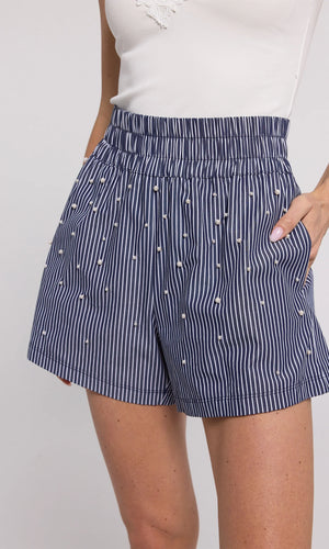 Generation Love Betty Pearl Embellished pinstripe Shorts