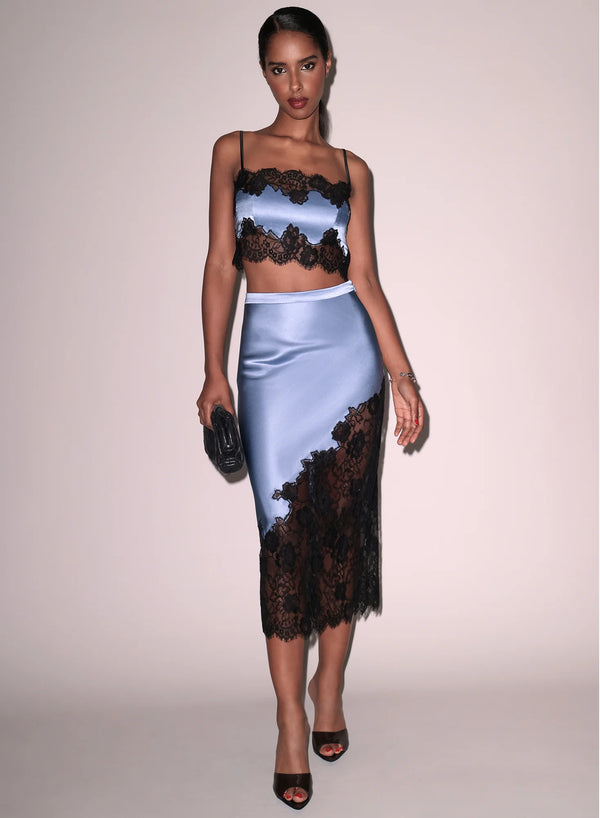 Fleur Du Mal Silk & Lace Maxi Skirt | Denim Blue