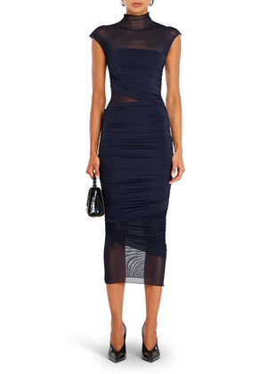 Seroya Tabitha Mesh Ruched Midi Dress | Sapphire