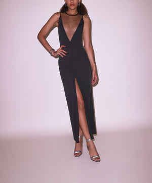 Fleur Du Mal Rose Spine Embroidery High Slit Maxi Dress